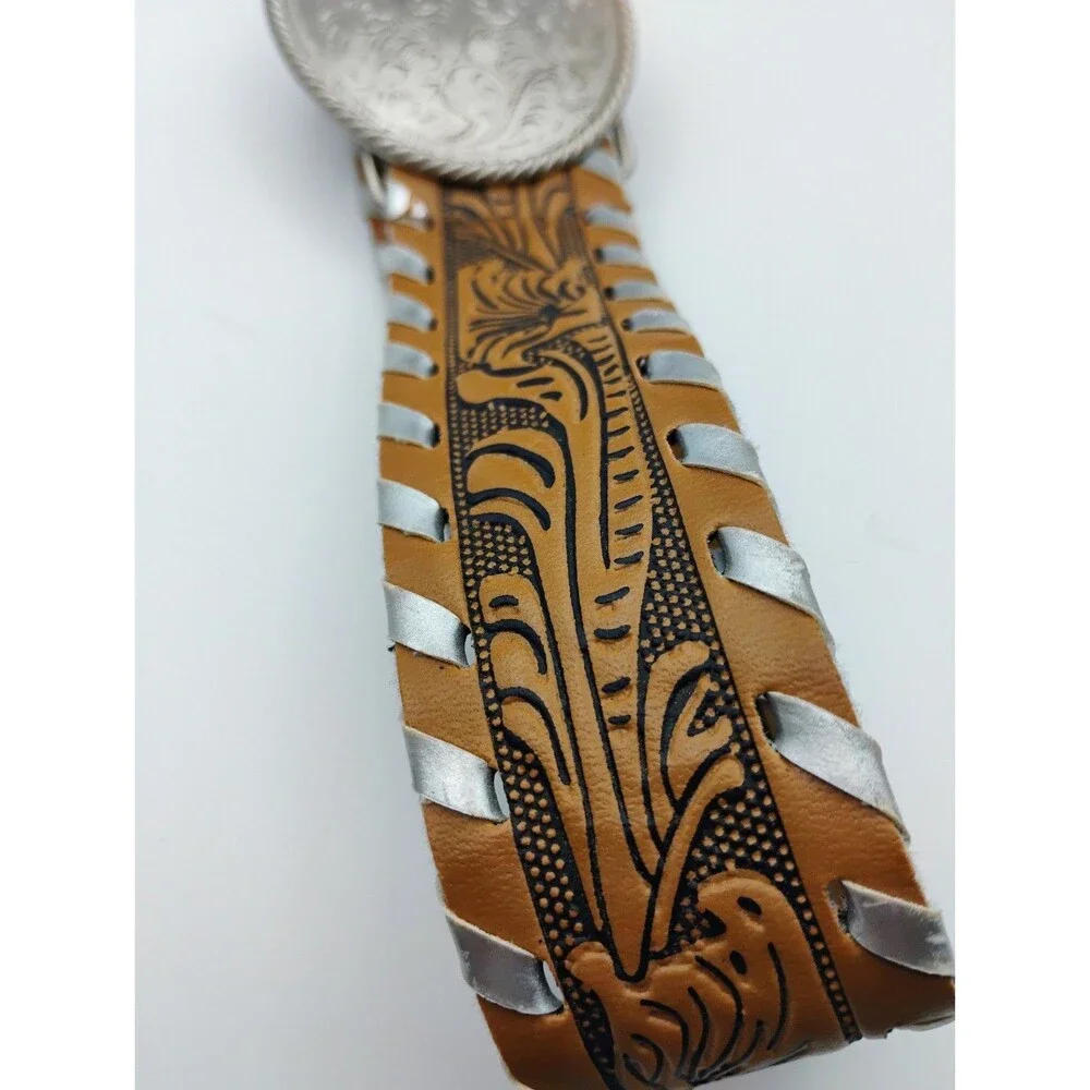 Vintage Western Tooled Leather Belt& Engraved Buckle Boys Cowboy Style Sz 14 1/2